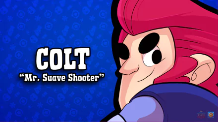 HD desktop wallpaper of Colt from Brawl Stars with the title Mr. Suave Shooter against a blue patterned background.