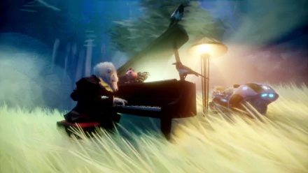 HD dream-themed desktop wallpaper of a surreal scene with a person playing piano under a lamp in a fantastical outdoor setting.