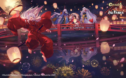 A vibrant anime scene featuring Onmyoji characters celebrating by a serene riverside, adorned with lanterns and fireworks, serves as a stunning HD desktop wallpaper.