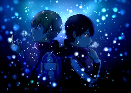 HD PC wallpaper featuring Kazuto Kirigaya (Kirito) and Eugeo from the anime Sword Art Online: Alicization, set against a glowing blue background with floating light particles.