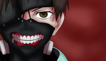 HD PC desktop wallpaper featuring Ken Kaneki from the anime Tokyo Ghoul, showcasing his signature black mask with exposed teeth against a dark red background.