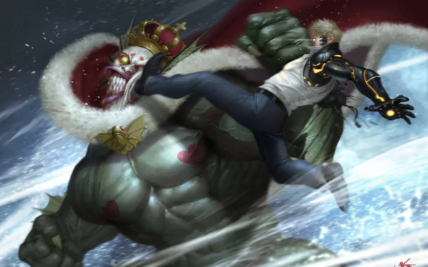 HD anime desktop wallpaper featuring Genos from One-Punch Man delivering a powerful kick to Deep Sea King in an intense battle scene.