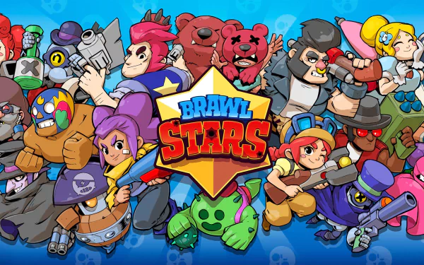 HD desktop wallpaper featuring colorful characters from the video game Brawl Stars, centered around the game's logo with a variety of heroes and villains in dynamic action poses.