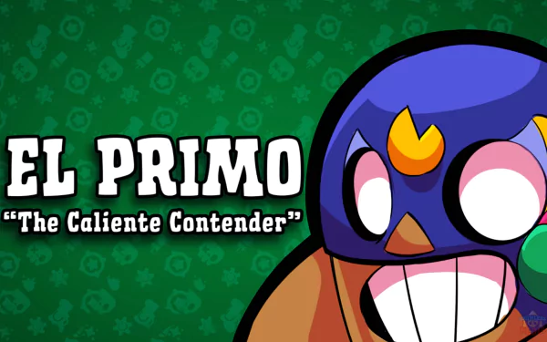 HD desktop wallpaper featuring El Primo from Brawl Stars with a green-patterned background and the title The Caliente Contender.