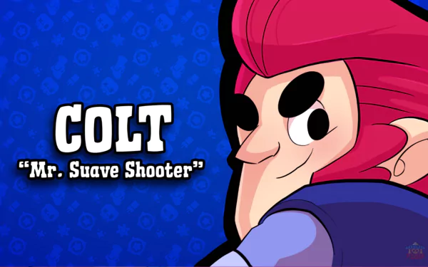 HD desktop wallpaper of Colt from Brawl Stars with the title Mr. Suave Shooter against a blue patterned background.