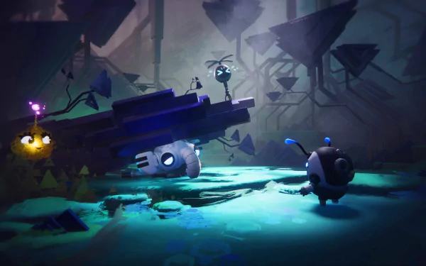 HD desktop wallpaper featuring a whimsical dream-like scene with playful creatures and floating geometric shapes in a mystical setting.