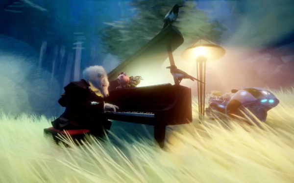 HD dream-themed desktop wallpaper of a surreal scene with a person playing piano under a lamp in a fantastical outdoor setting.