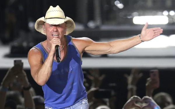 HD desktop wallpaper featuring a performer in a cowboy hat and blue sleeveless shirt singing on stage, tagged with Kenny Chesney.