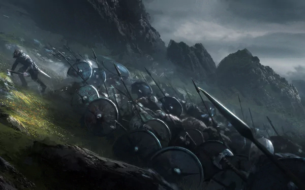 HD desktop wallpaper depicting a fantasy warrior shield formation advancing through a dark, mountainous battlefield under a stormy sky.