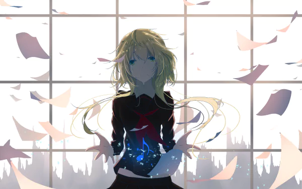 school uniform tears green eyes long hair blonde GUMI (Vocaloid) Anime Vocaloid HD Desktop Wallpaper | Background Image