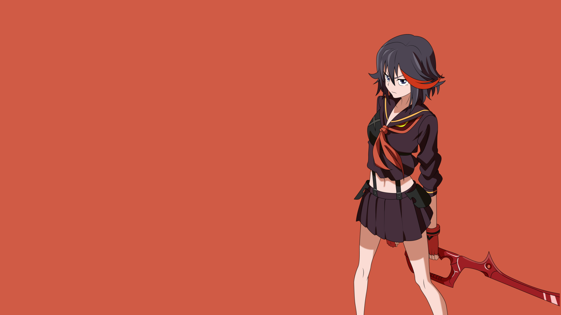 HD desktop wallpaper featuring Ryūko Matoi from the anime Kill La Kill, wearing a black skirt and holding a red weapon, set against a solid orange background.