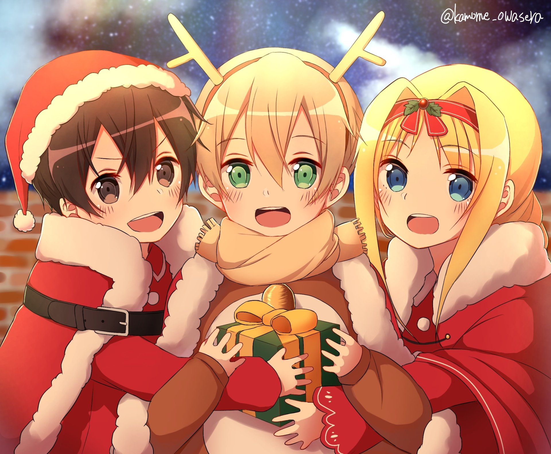 HD PC desktop wallpaper featuring Alice Zuberg, Eugeo, and Kirito from Sword Art Online: Alicization in festive holiday attire.