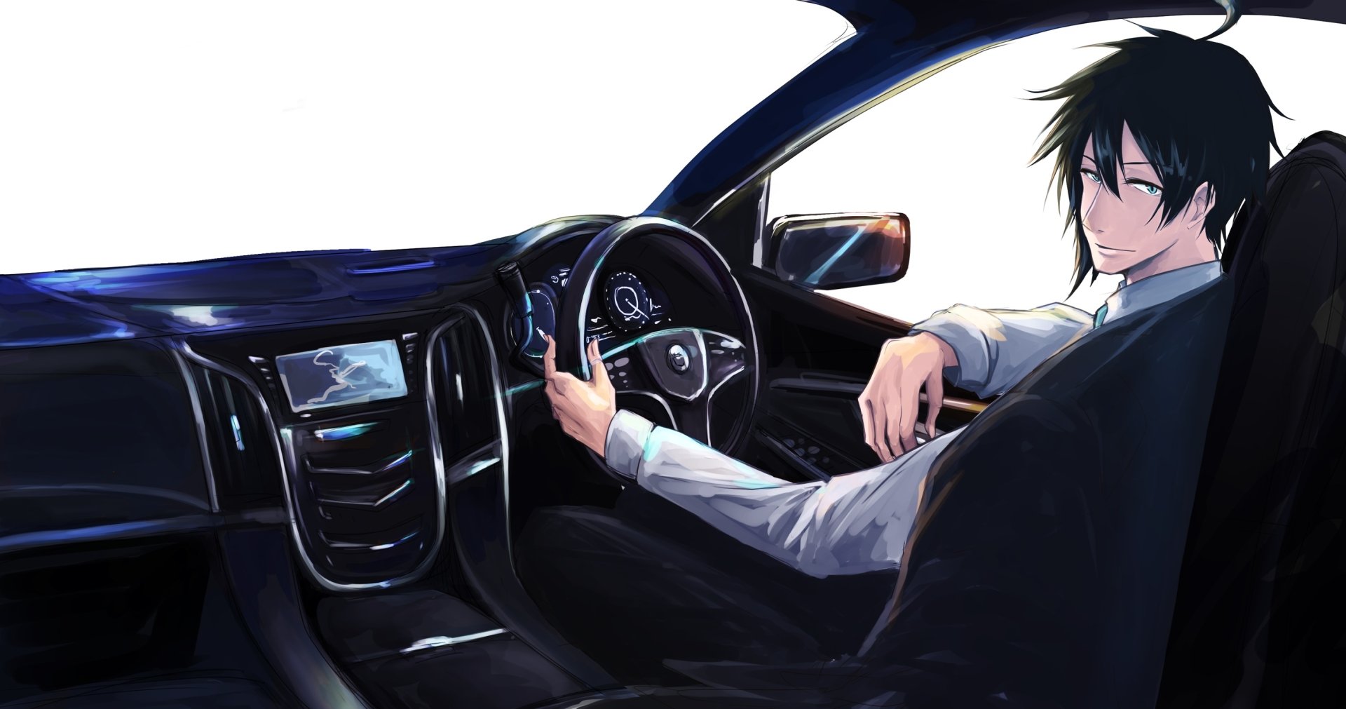 HD anime wallpaper featuring a black-haired anime boy seated confidently in the driver’s seat of a sleek car, viewed from the interior.