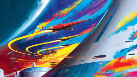 Sleek red futuristic vehicles streak neon trails across a vibrant, abstract sky over a curved city — Sci Fi HD PC desktop wallpaper and background.