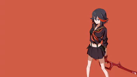 HD desktop wallpaper featuring Ryūko Matoi from the anime Kill La Kill, wearing a black skirt and holding a red weapon, set against a solid orange background.