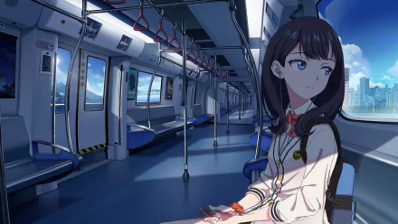 HD desktop wallpaper featuring Rikka Takarada from the anime SSSS.Gridman, seated in an empty train with a cityscape visible through the windows.