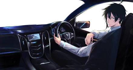HD anime wallpaper featuring a black-haired anime boy seated confidently in the driver’s seat of a sleek car, viewed from the interior.