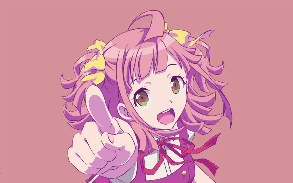 Minoa Asagaya (Anime‑Gataris), energetic anime girl pointing toward the viewer with ribbons and bright eyes against a pink backdrop — 4K Ultra HD PC desktop wallpaper/background.