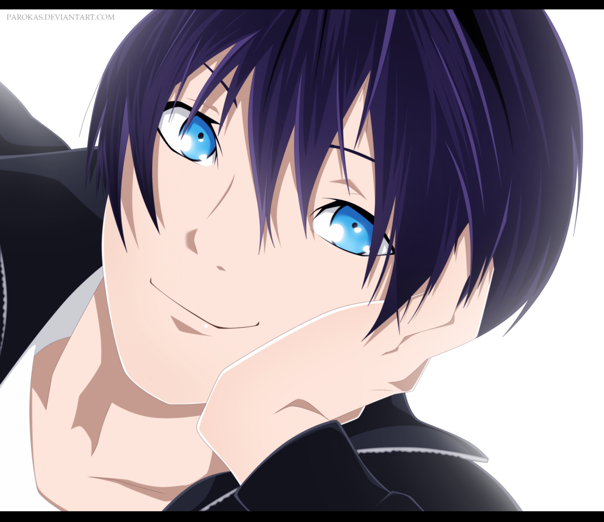 HD anime desktop wallpaper featuring Yato from Noragami with striking blue eyes and a gentle smile against a white background.
