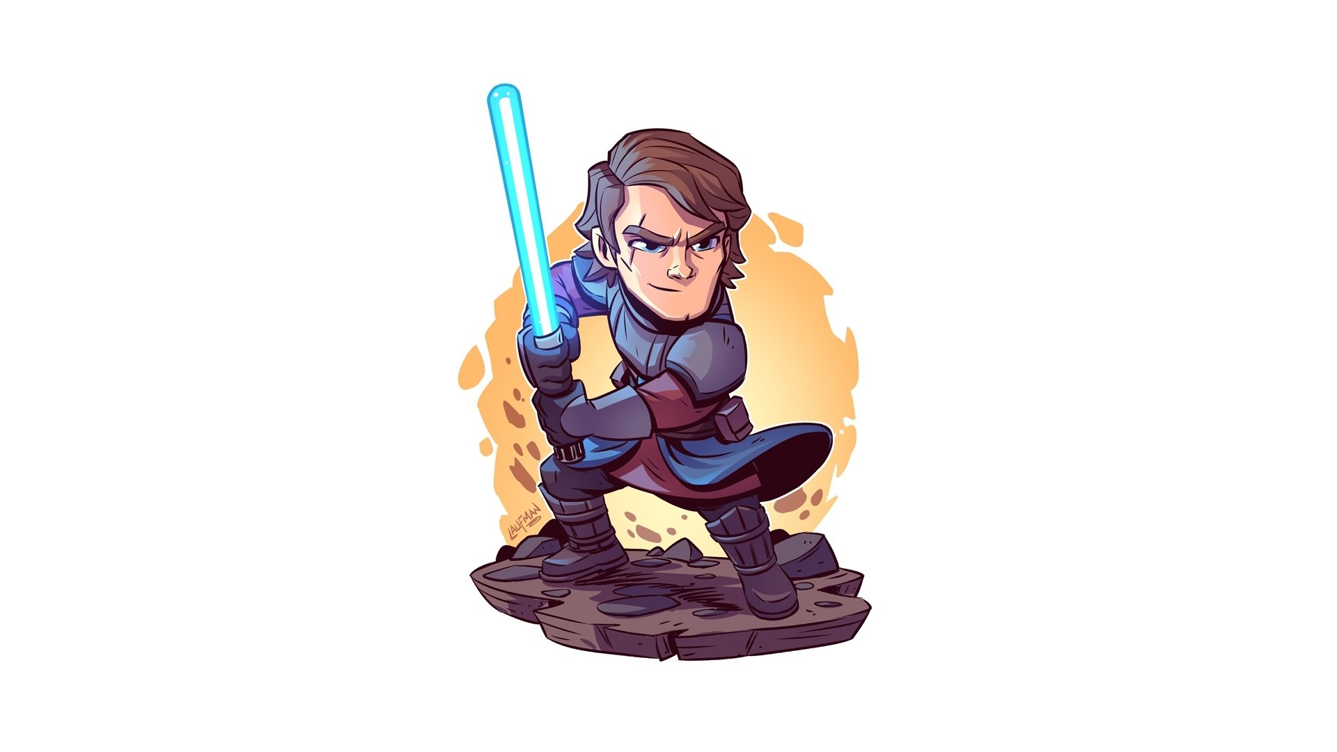 Chibi-style Anakin Skywalker from Star Wars, holding a blue lightsaber, set against a sci-fi themed background, designed as an HD PC desktop wallpaper.