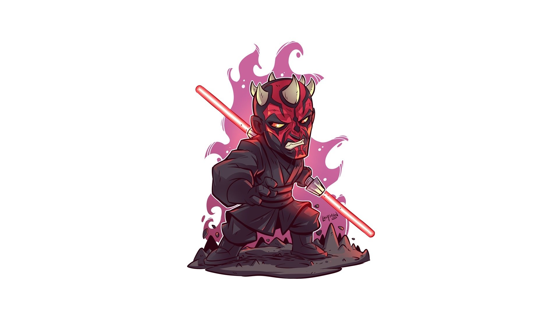 HD PC desktop wallpaper featuring a stylized Darth Maul from Star Wars, surrounded by purple flames and wielding his iconic red double-bladed lightsaber.