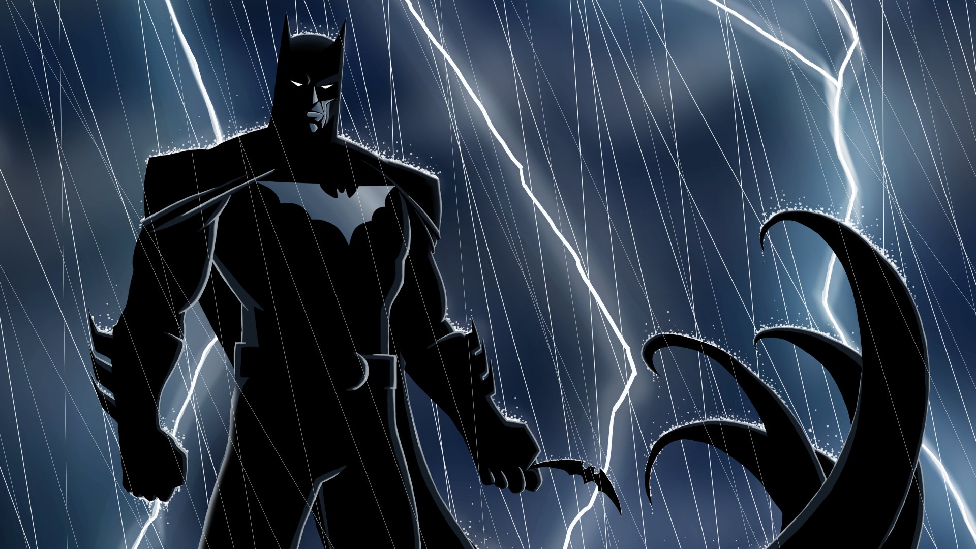 Dark silhouette of Batman standing in the rain with lightning striking behind, rendered in 8K Ultra HD for a DC Comics desktop wallpaper.