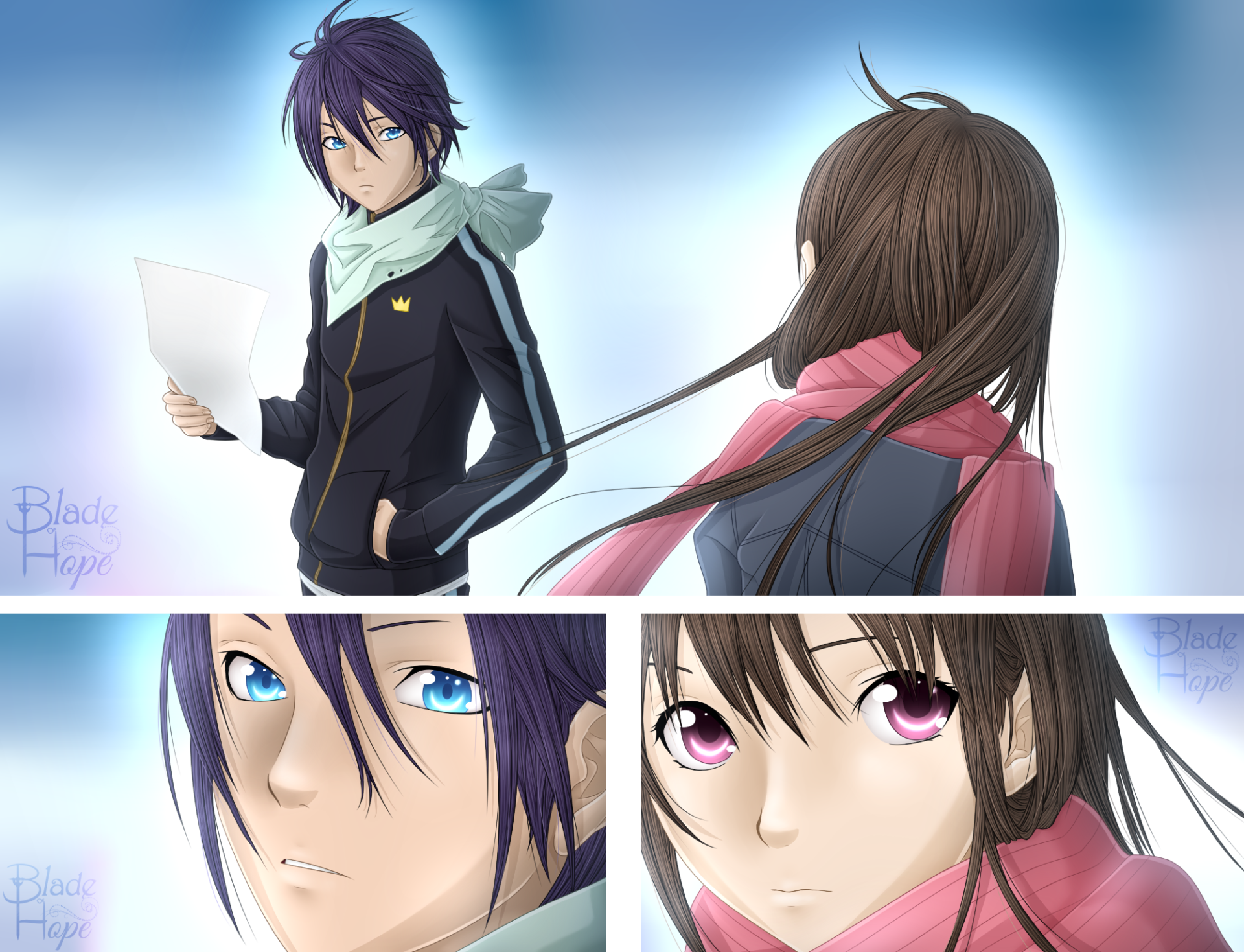 HD PC desktop wallpaper featuring anime characters Hiyori Iki and Yato from Noragami, showcasing close-up and full views in a vibrant, detailed style.