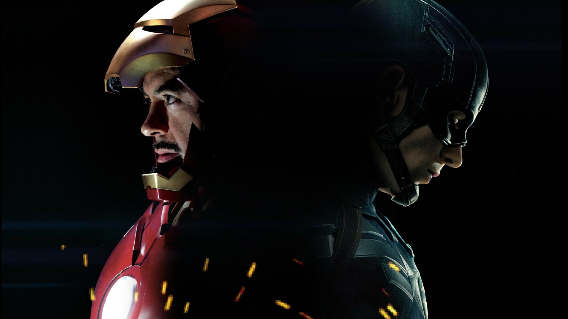 4K Ultra HD PC desktop wallpaper showing Iron Man and Captain America back-to-back in dramatic lighting from the movie Captain America: Civil War.