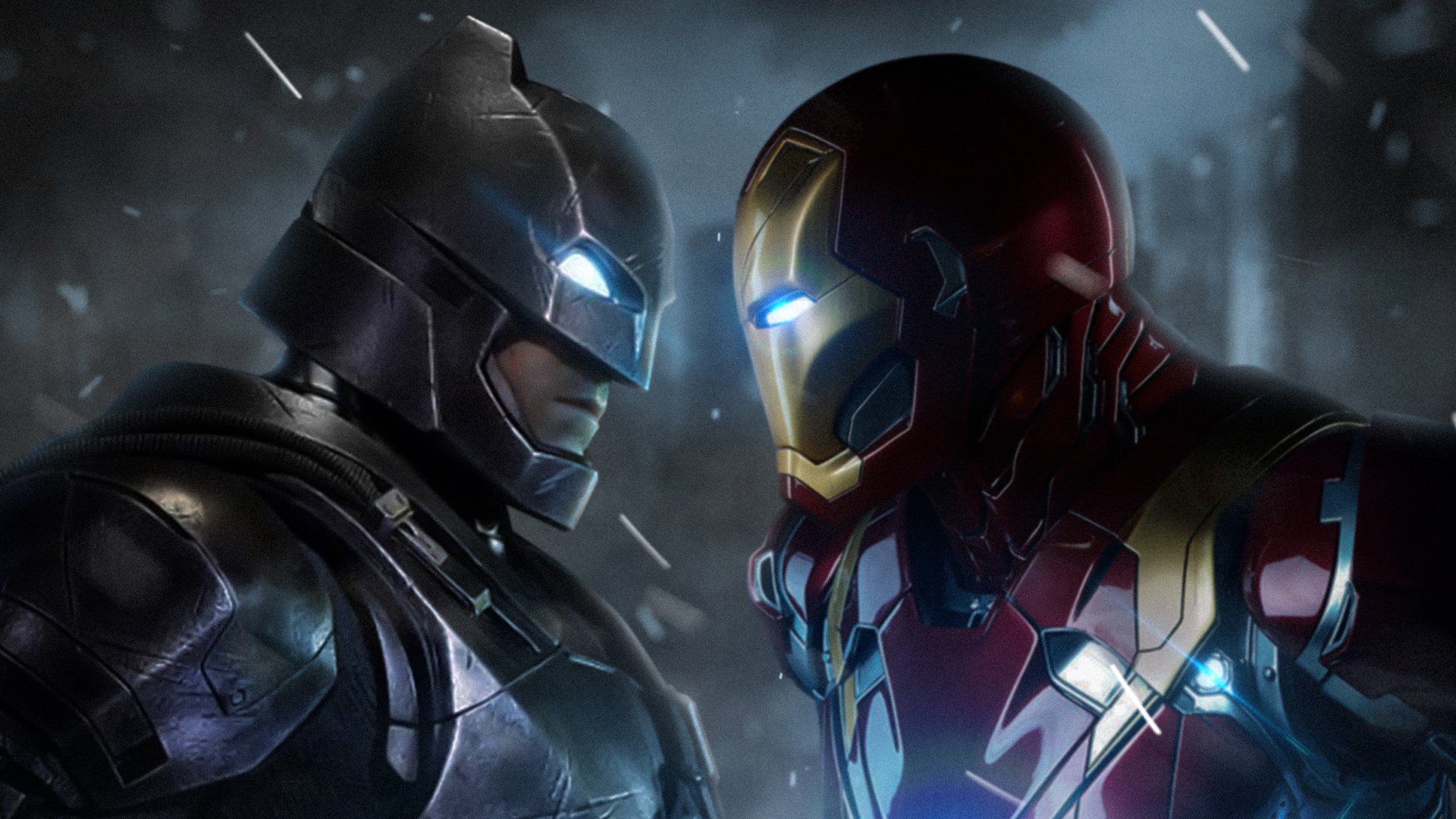 HD PC desktop wallpaper featuring a dramatic crossover scene with Batman and Iron Man facing off in a cinematic, rain-soaked environment.