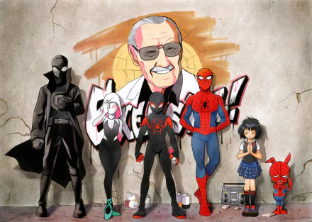HD desktop wallpaper featuring characters Peter Parker, Miles Morales, Stan Lee, Peni Parker, Spider-Ham, Spider-Gwen from the movie 'Spider-Man: Into The Spider-Verse' posing in front of a graffiti wall.