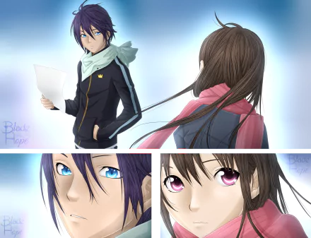 HD PC desktop wallpaper featuring anime characters Hiyori Iki and Yato from Noragami, showcasing close-up and full views in a vibrant, detailed style.