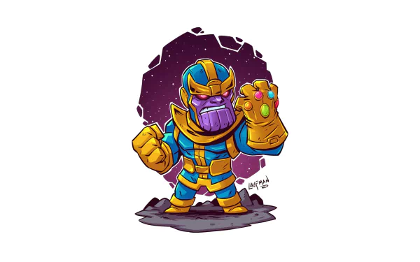 HD PC desktop wallpaper of a comic-style Thanos in vibrant colors, wearing the Infinity Gauntlet with all stones, set against a cosmic background.