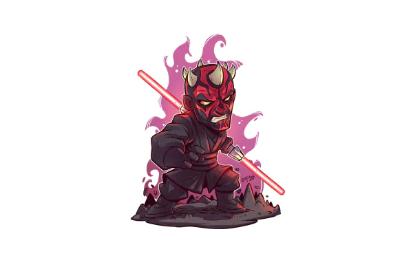 HD PC desktop wallpaper featuring a stylized Darth Maul from Star Wars, surrounded by purple flames and wielding his iconic red double-bladed lightsaber.