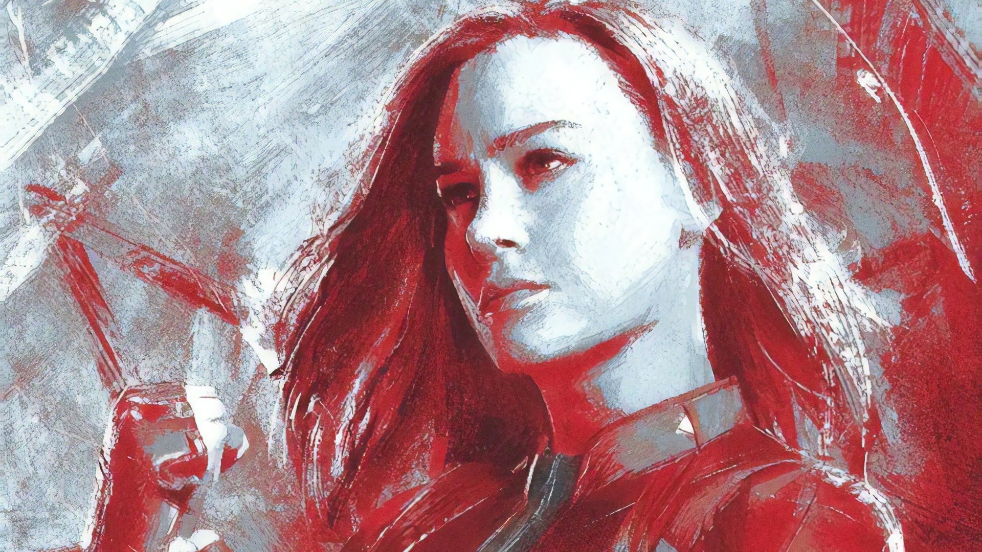 HD wallpaper featuring Brie Larson as Captain Marvel from the movie Avengers: Endgame, showcasing an artistic depiction of the character in red and gray tones.