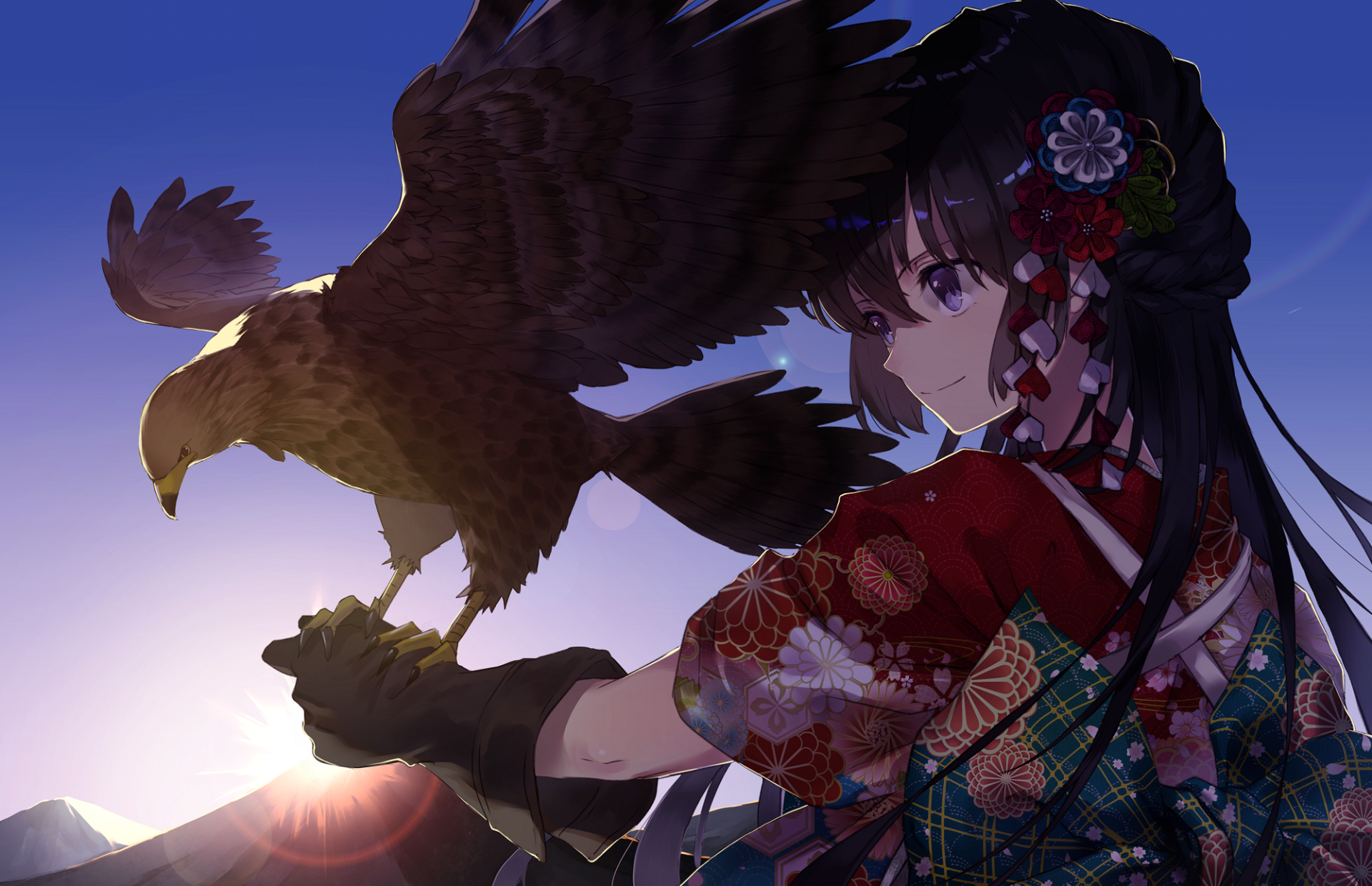 Anime girl with long brown braided hair and purple eyes wearing a kimono, holding a bird with a gloved hand at sunset. The background features a HD desktop wallpaper and background with vibrant colors.
