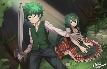 Anime HD PC desktop wallpaper of Izuku Midoriya and Tsuyu Asui (My Hero Academia) in an overgrown ruin — Midoriya with a large sword, Tsuyu seated in a frilly green-and-red dress.