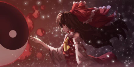 HD anime desktop wallpaper featuring Reimu Hakurei from Touhou, surrounded by glowing particles and mystical red and black orbs.