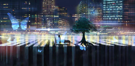 Anime-style nighttime cityscape with a long-haired black-haired figure near a bed and glowing butterflies, blending urban lights and nature in a vivid HD desktop wallpaper.