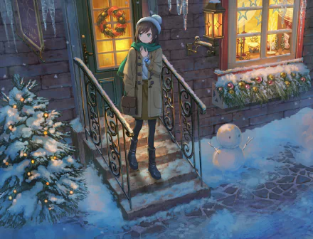 Anime-style illustration of a short-haired character with green eyes and a scarf, standing by holiday decorations including a wreath, snowman, and Christmas ornaments in a snowy scene.