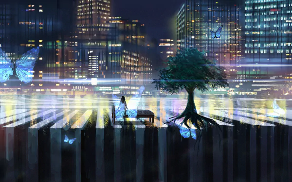Anime-style nighttime cityscape with a long-haired black-haired figure near a bed and glowing butterflies, blending urban lights and nature in a vivid HD desktop wallpaper.