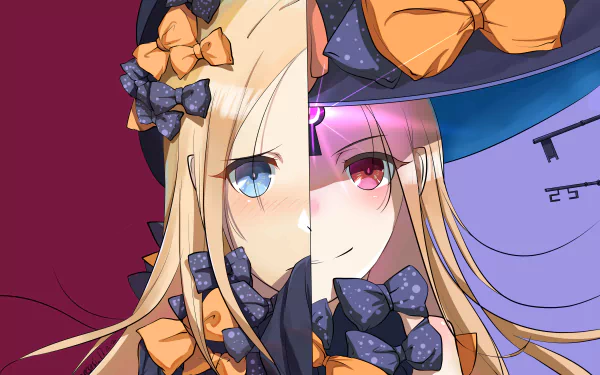 Split portrait of Abigail Williams (Fate/Grand Order) in anime style with witch hat and ribbon bows — 5K Ultra HD PC desktop wallpaper background.