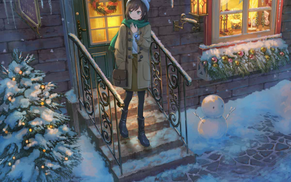 Anime-style illustration of a short-haired character with green eyes and a scarf, standing by holiday decorations including a wreath, snowman, and Christmas ornaments in a snowy scene.