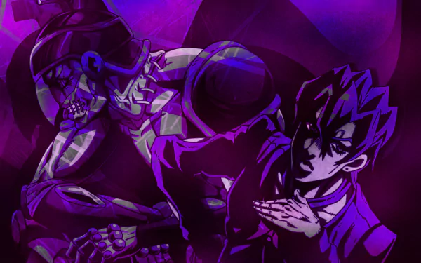 HD PC wallpaper featuring Pannacotta Fugo and his Stand Purple Haze from the anime JoJo's Bizarre Adventure, highlighted in vibrant purple tones.