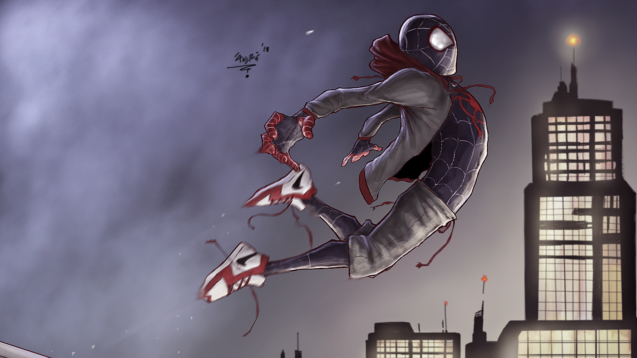 Человек паук Майлз Моралес прыжок через вселенную