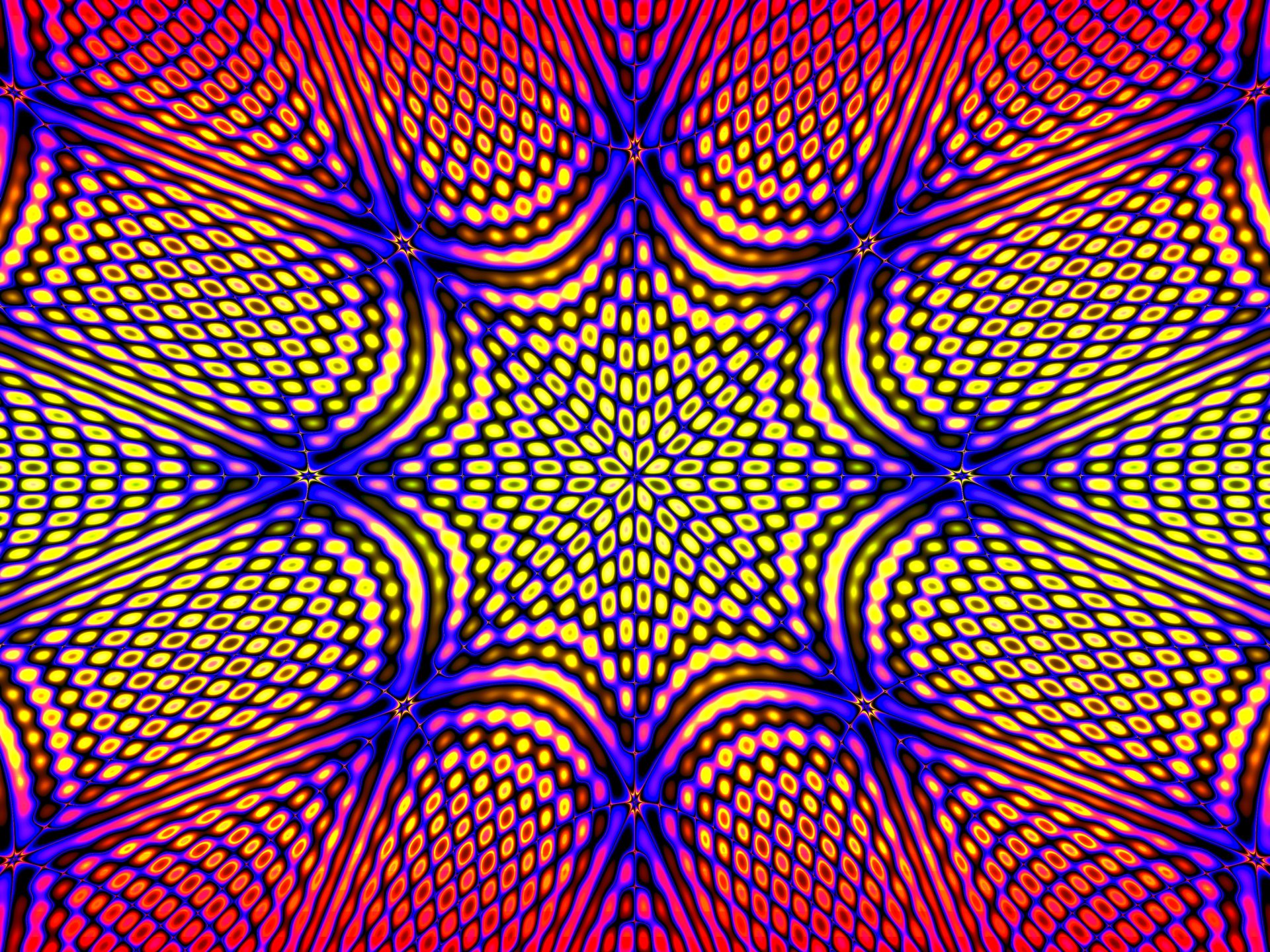 4K Ultra HD kaleidoscope abstract: vibrant interlocking purple, orange, yellow and blue waves form a honeycomb starburst pattern — PC desktop wallpaper.