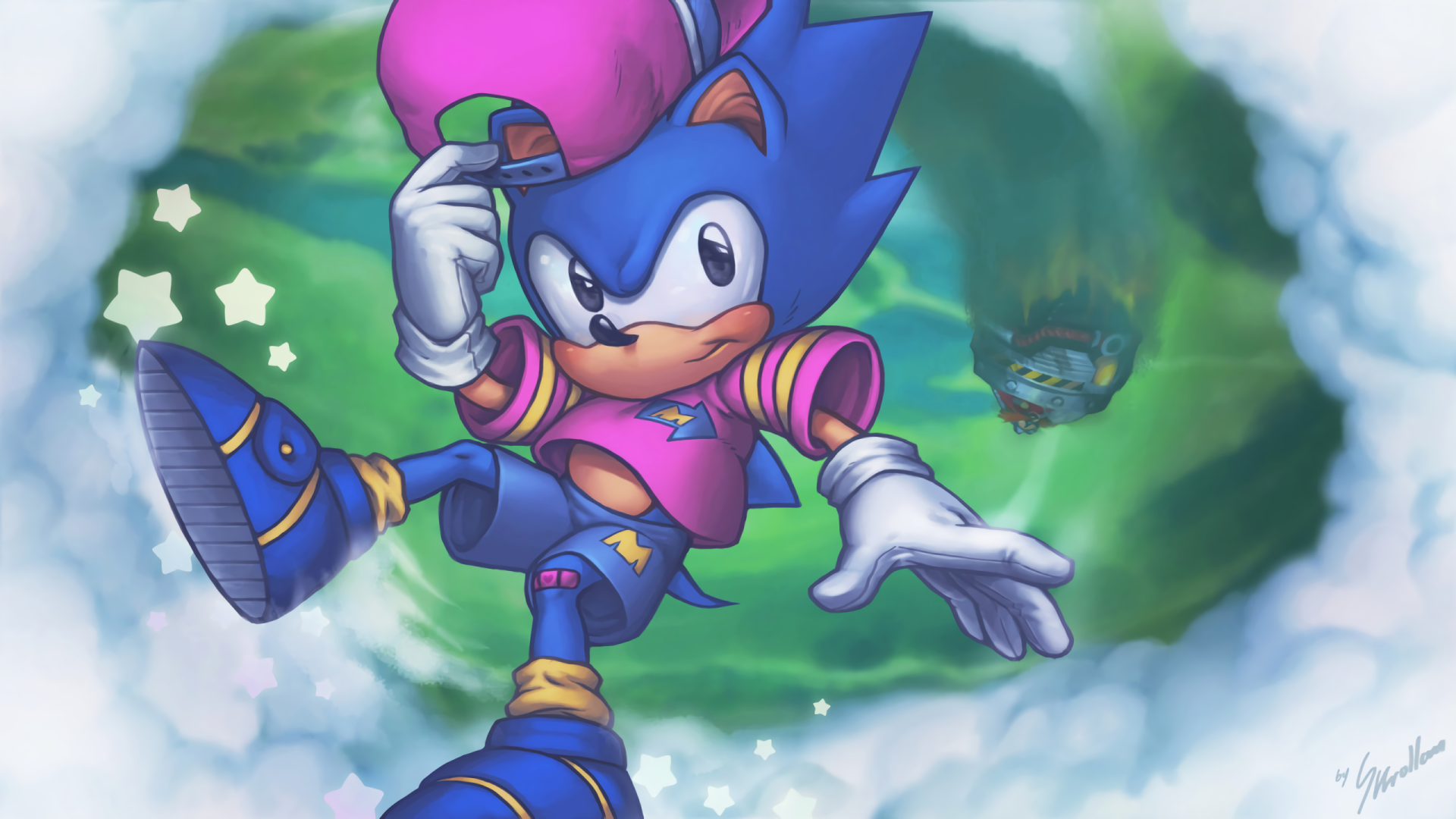 2K Quad HD PC wallpaper of Sonic the Hedgehog (Sonic The Hedgehog: The Movie): Sonic in a pink cap and outfit mid-jump through clouds, stars and a green vortex.