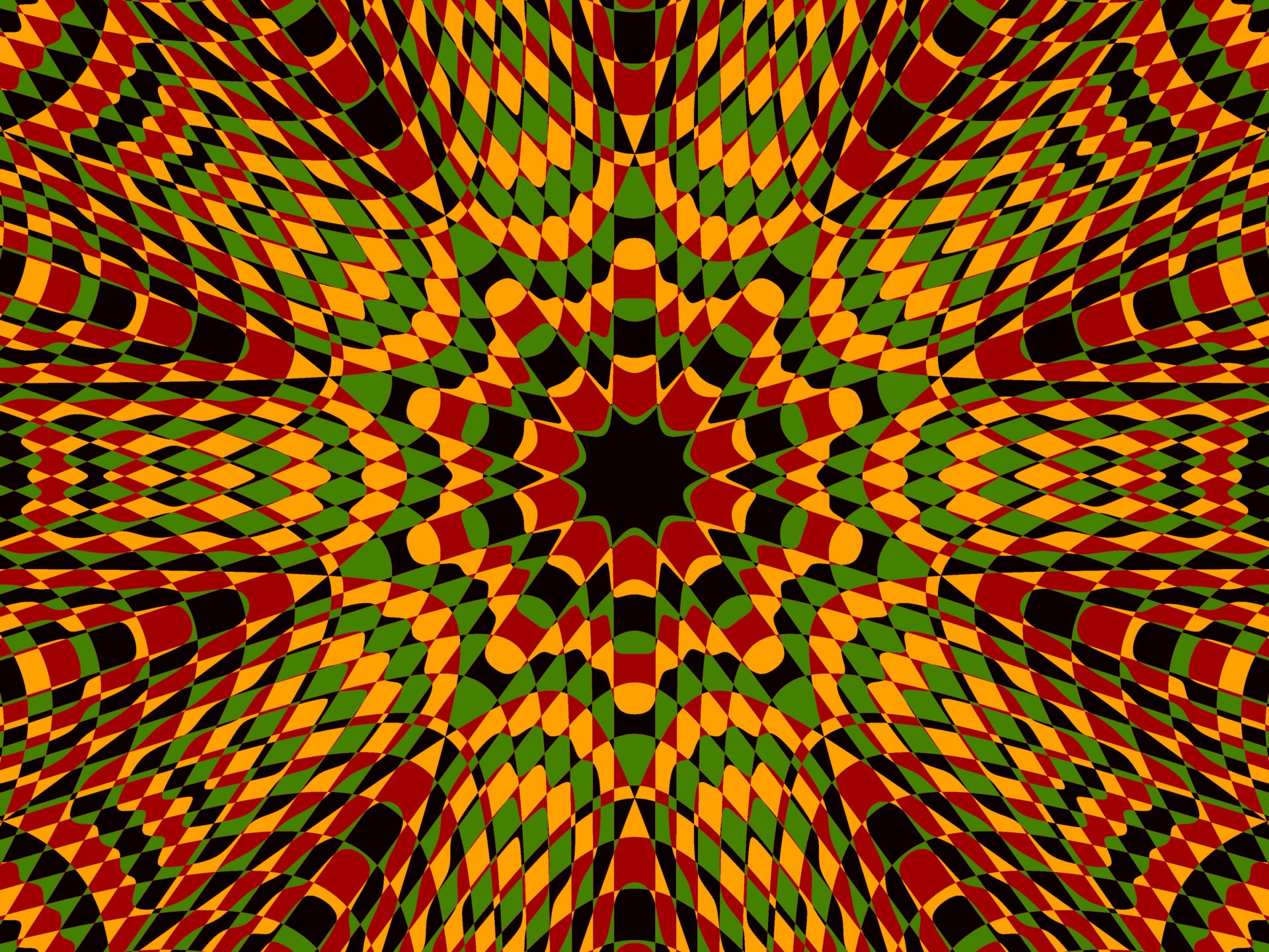 Colorful kaleidoscope abstract pattern radiating from a black star center in 4K Ultra HD, vibrant geometric PC desktop wallpaper and background.