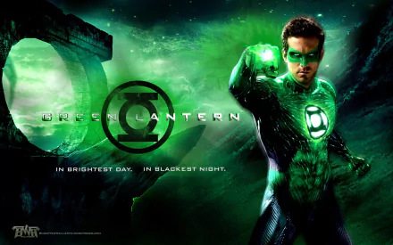 HD PC desktop wallpaper of an actor as Green Lantern from the movie, in a glowing green suit with ring raised, Green Lantern emblem and a moody cosmic city background.