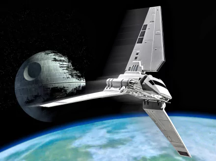 HD PC desktop wallpaper featuring the Death Star and a sci-fi Star Wars spaceship orbiting above a planet.