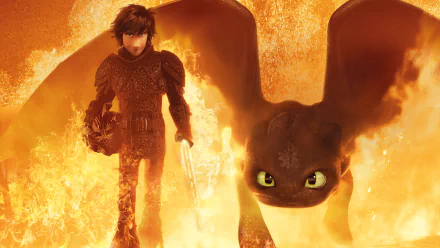 Toothless and Hiccup from How to Train Your Dragon: The Hidden World stand confidently amid glowing flames in this 4K Ultra HD movie wallpaper.